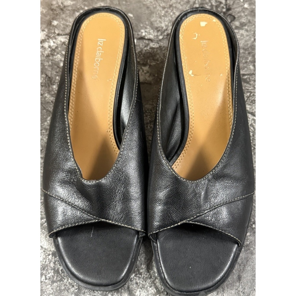 Liz Claiborne Twinkle 2 Black Leather Open Toe Mule Sandals Shoes 8.5M
